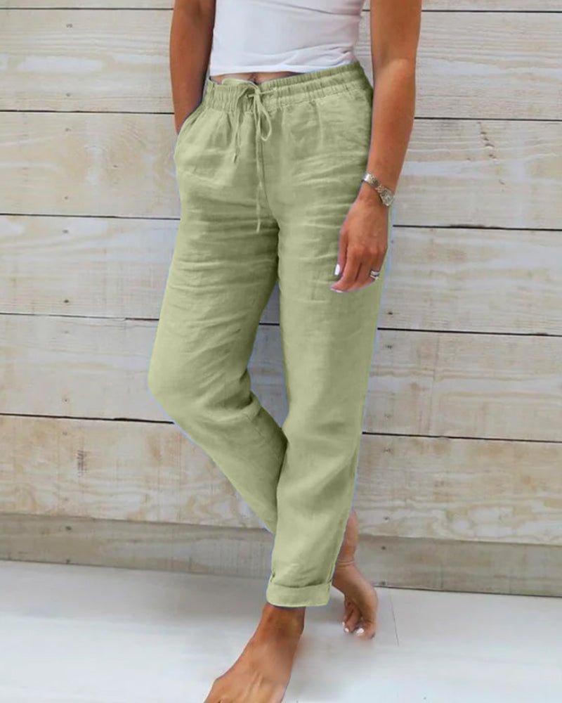 Lina Women's Pants | Casual White Linen with Drawstring 4
