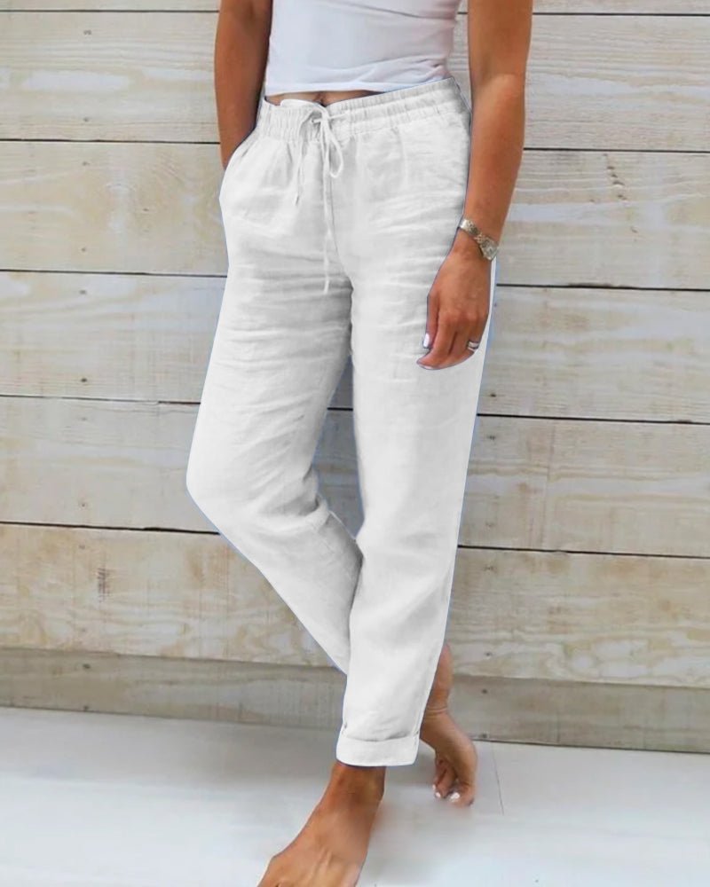 Lina Women's Pants | Casual White Linen with Drawstring 5