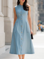 Luna Denim Dress | Sleeveless A-Line Midi, Gold Button Placket 0