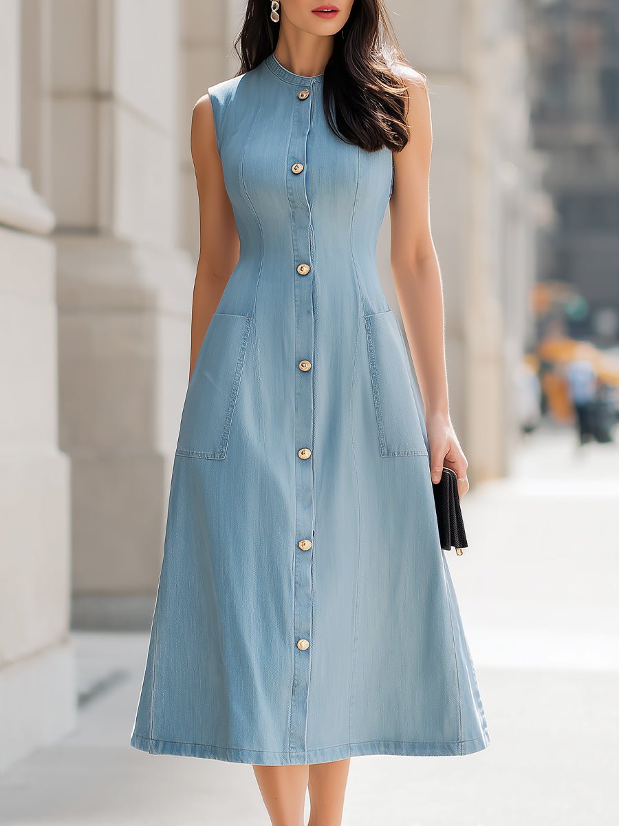 Luna Denim Dress | Sleeveless A-Line Midi, Gold Button Placket 0