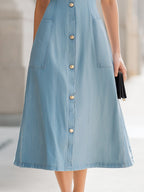 Luna Denim Dress | Sleeveless A-Line Midi, Gold Button Placket 2