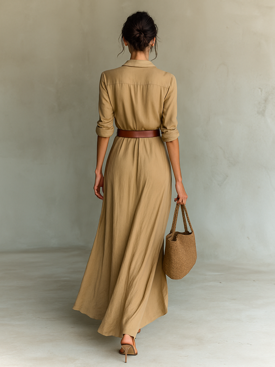 Luna Long Sleeve Maxi Dress | Lapel Collar, Belted Elegance 3