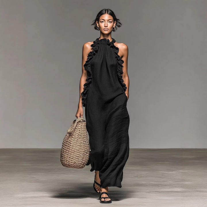 Luna Maxi Dress | Silk Effect, Halter Neck, Flounce Trim 0