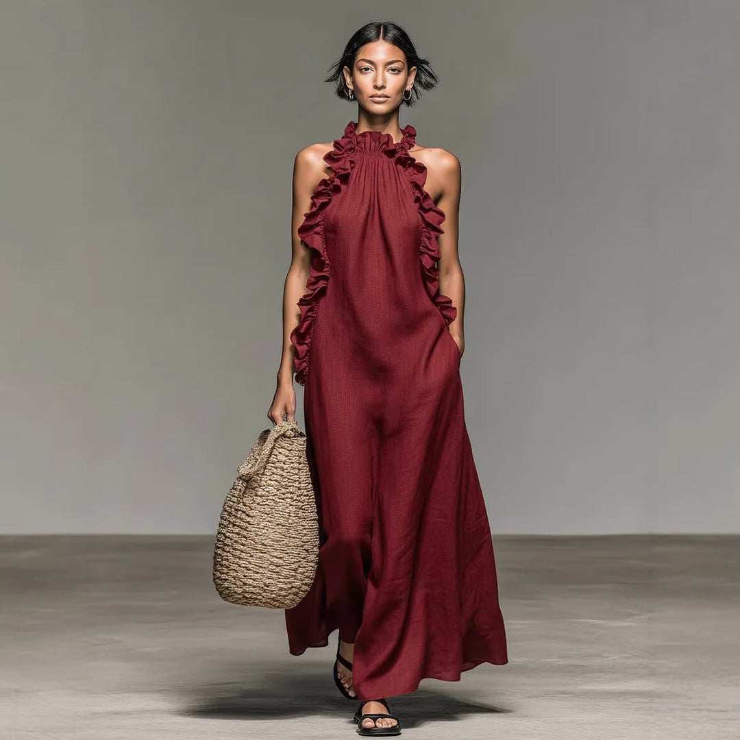 Luna Maxi Dress | Silk Effect, Halter Neck, Flounce Trim 1