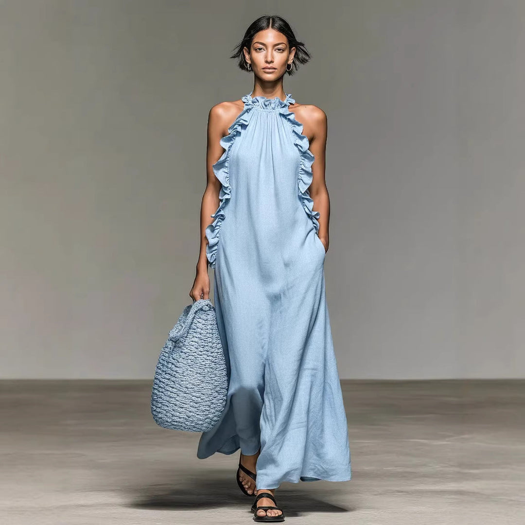 Luna Maxi Dress | Silk Effect, Halter Neck, Flounce Trim 2