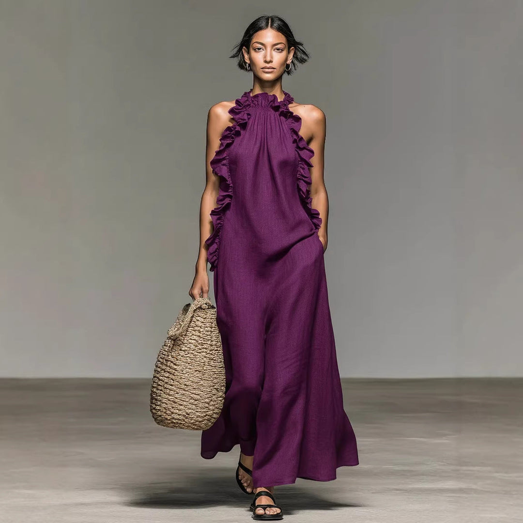 Luna Maxi Dress | Silk Effect, Halter Neck, Flounce Trim 3