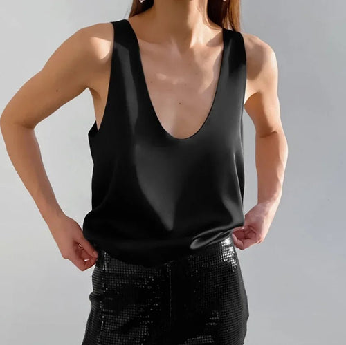 Luna Satin Tank Top | Plunging U-Neck, Relaxed Fit 0