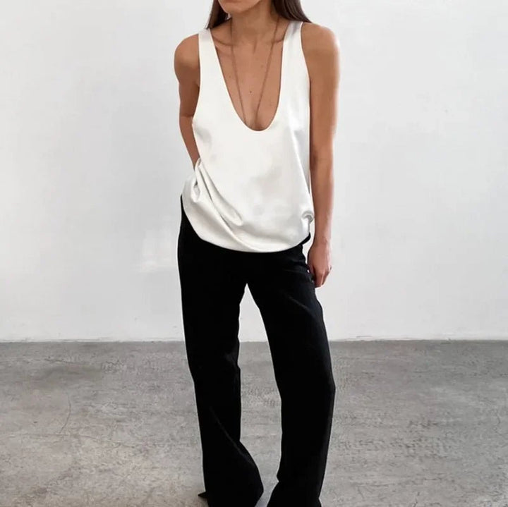 Luna Satin Tank Top | Plunging U-Neck, Relaxed Fit 2