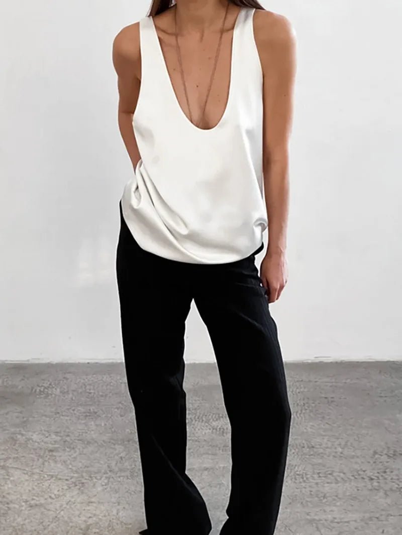 Luna Satin Tank Top | Plunging U-Neck, Relaxed Fit 7