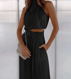 Luxe Co Ord Set Women | Elegant Cotton Blend, Halter Crop Top & High Waist Pants 0