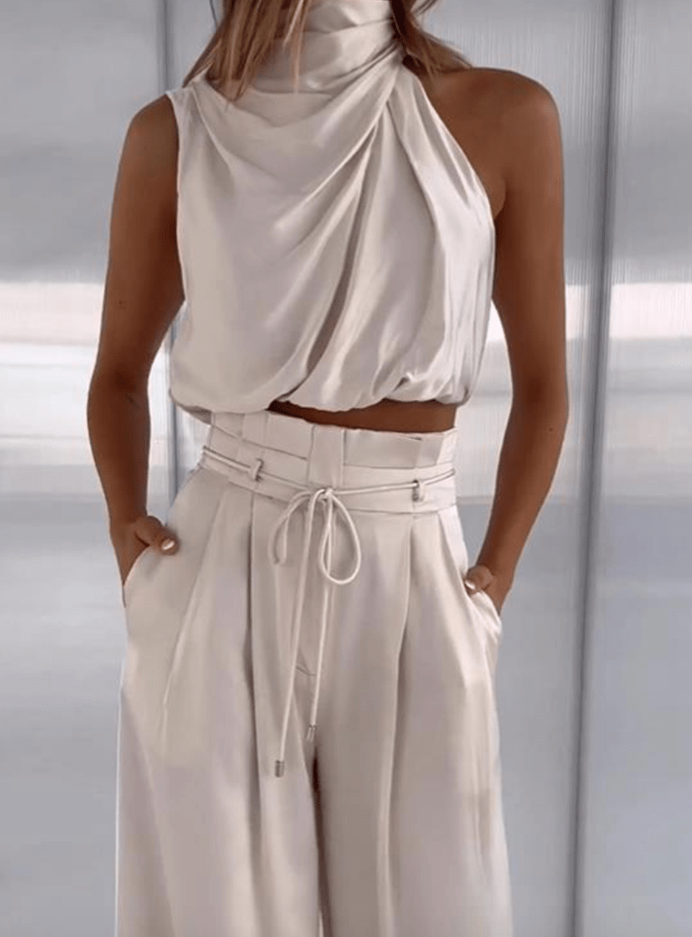 Luxe Co Ord Set Women | Elegant Cotton Blend, Halter Crop Top & High Waist Pants 1