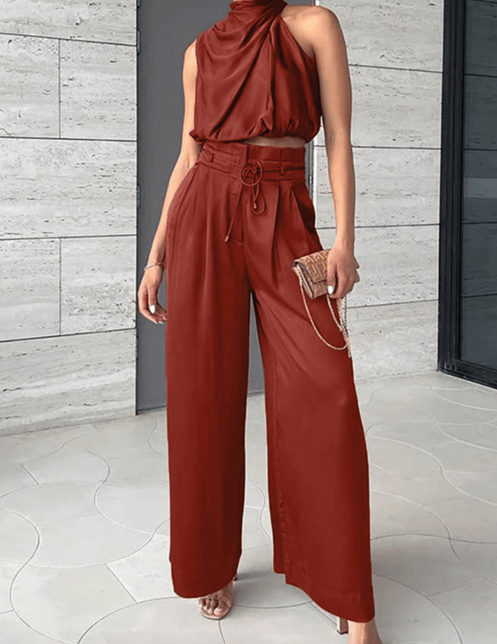 Luxe Co Ord Set Women | Elegant Cotton Blend, Halter Crop Top & High Waist Pants 4