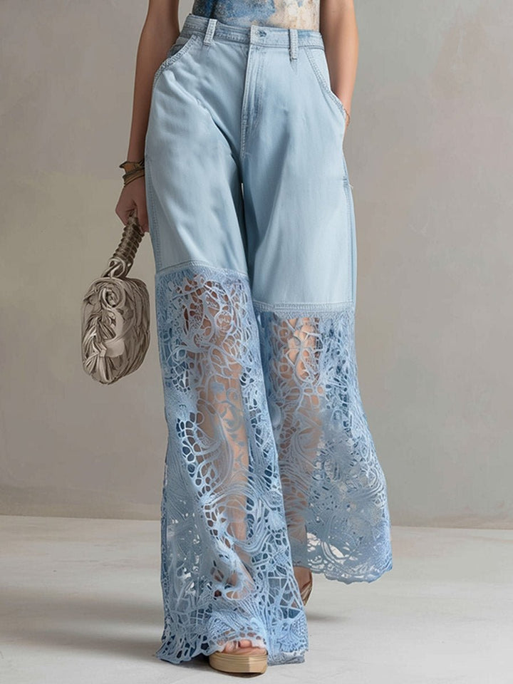 Luxe Wide Leg Jeans | Lightweight Denim with Lace Inserts 0
