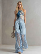 Luxe Wide Leg Jeans | Lightweight Denim with Lace Inserts 1