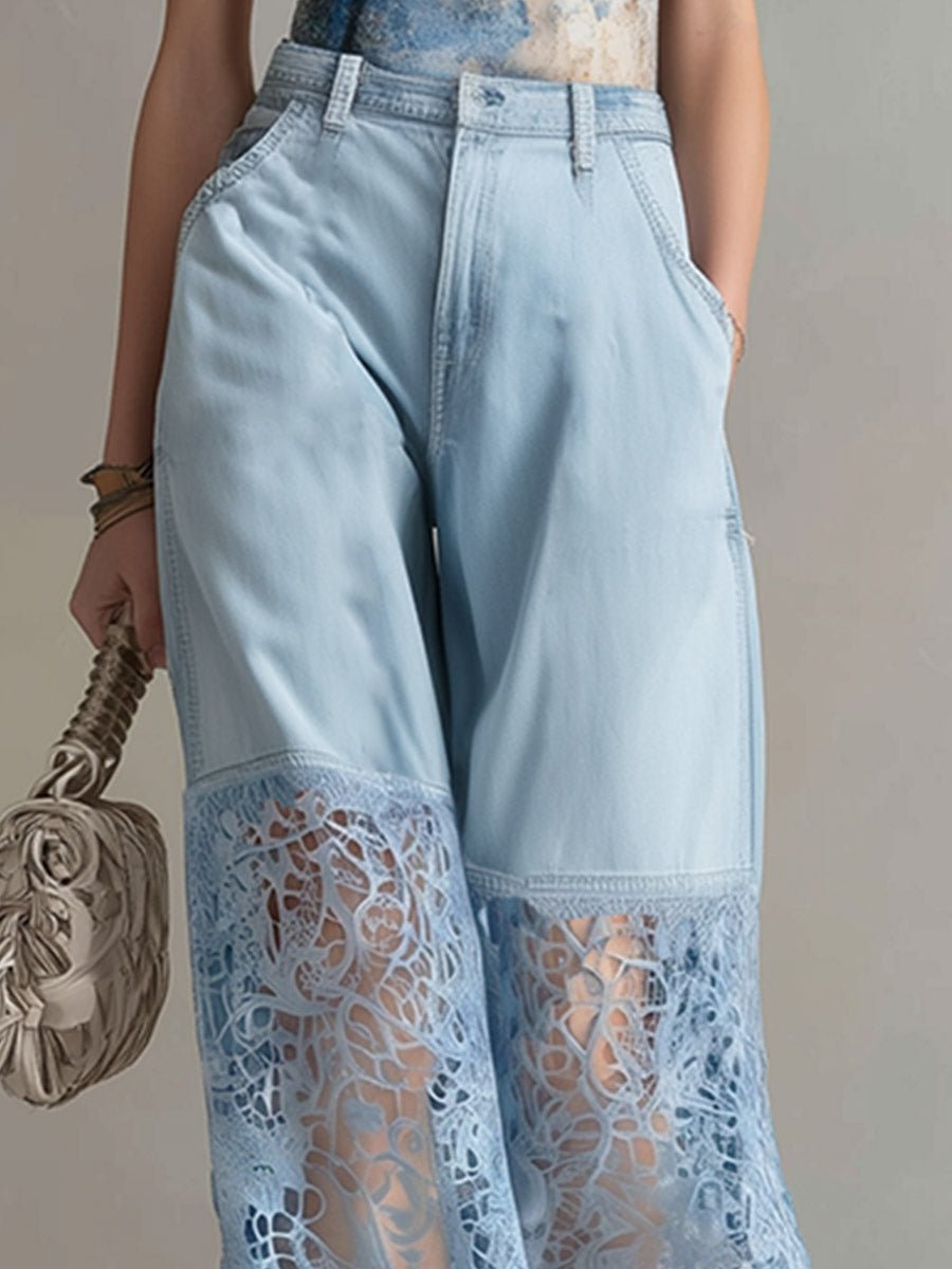 Luxe Wide Leg Jeans | Lightweight Denim with Lace Inserts 2