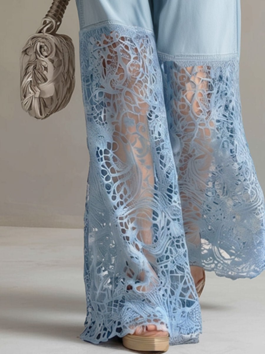 Luxe Wide Leg Jeans | Lightweight Denim with Lace Inserts 3