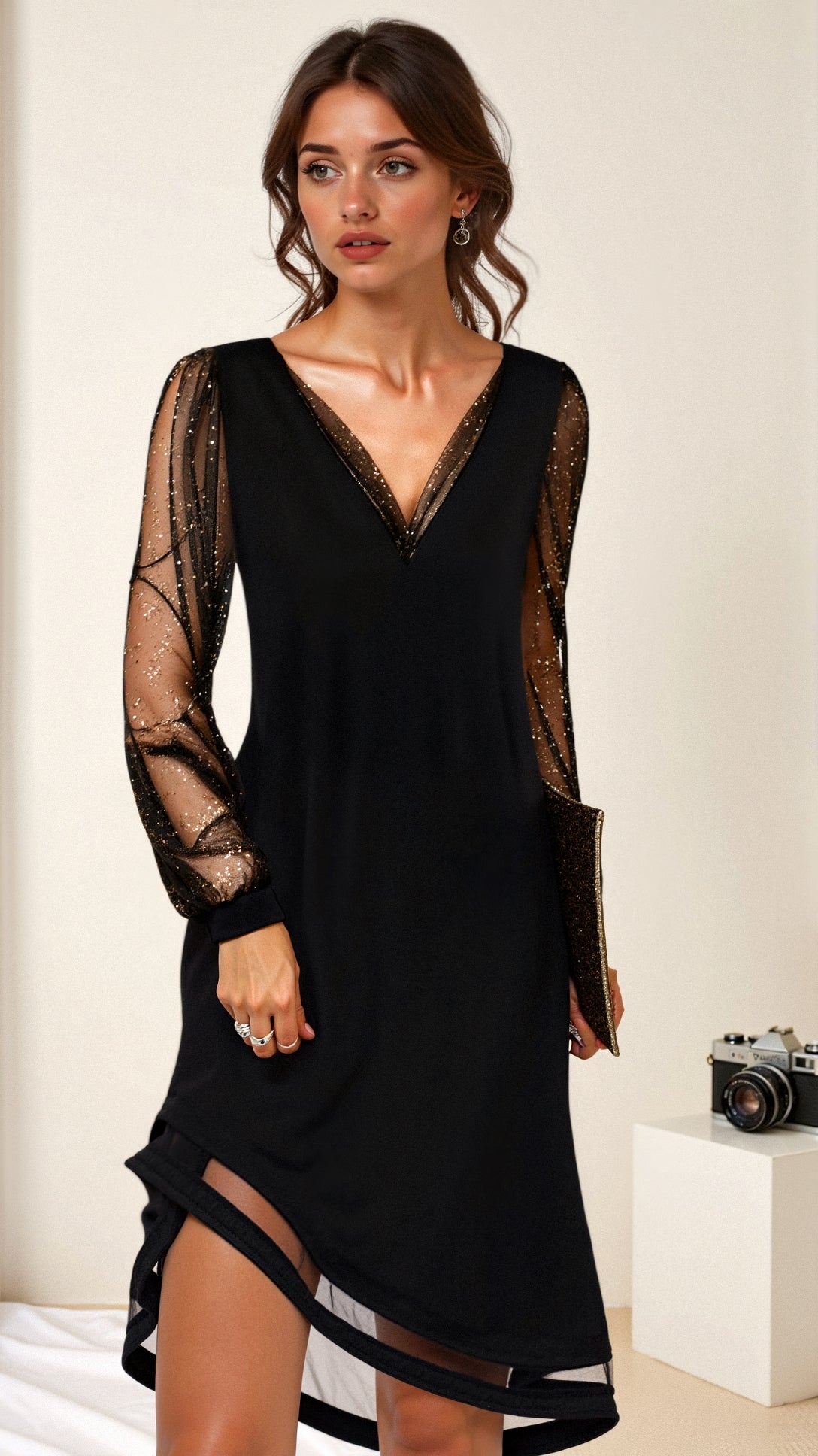 Matilda evening dress with sheer sleeves 1