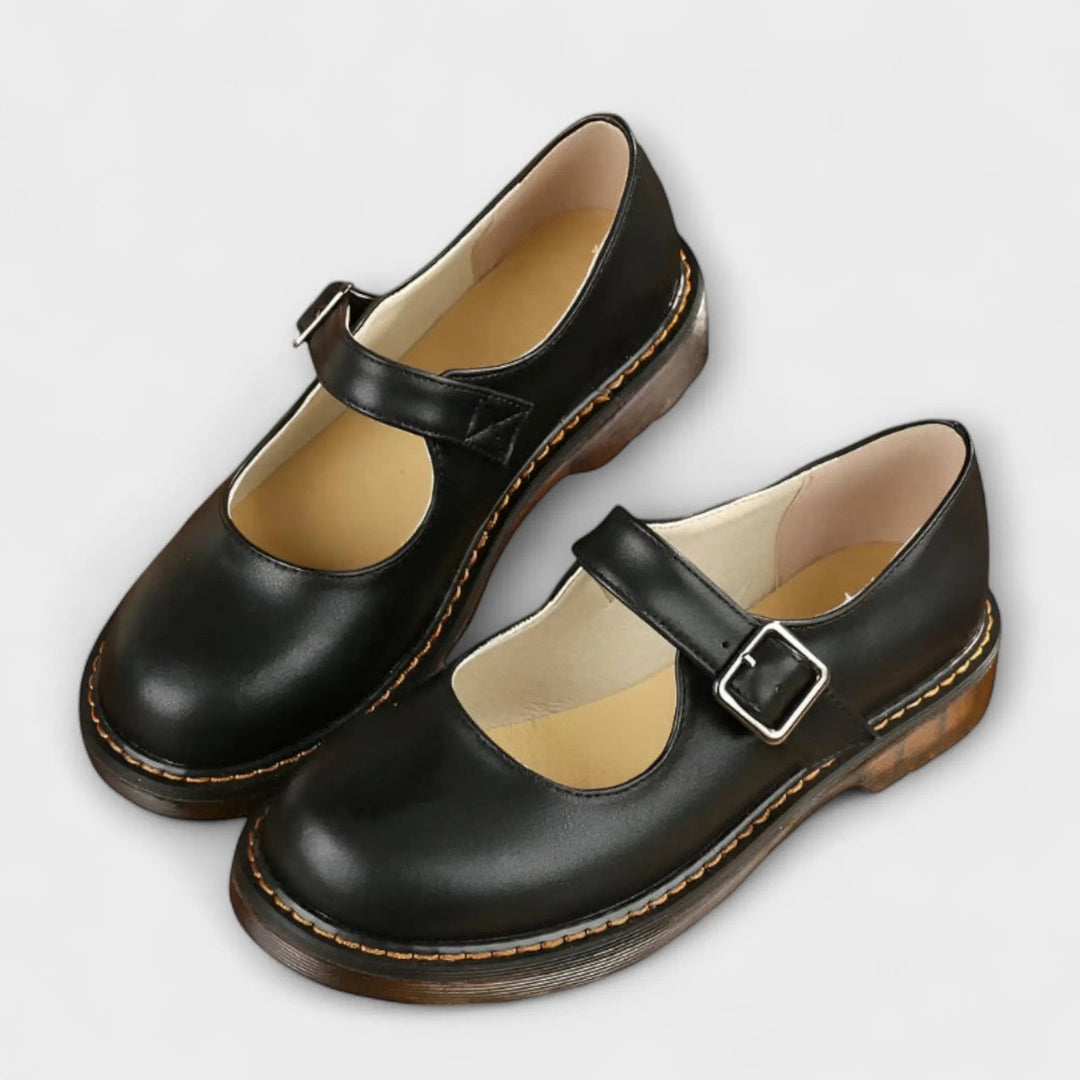 Maya Black Flats | Adjustable Buckle, Comfortable Synthetic Leather - 2
