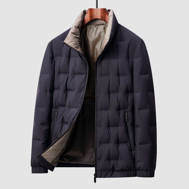 Men's Quilted Down Jacket, Hip Length, Stand Collar, Zip Pockets