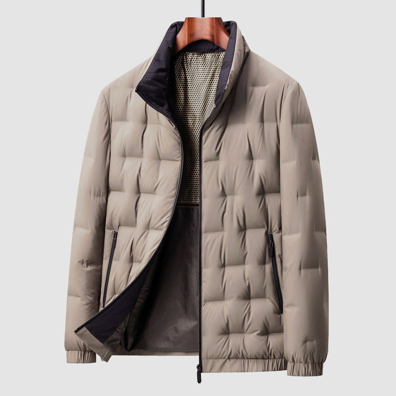 Men's Quilted Down Jacket, Hip Length, Stand Collar, Zip Pockets