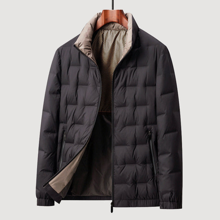 Men's Quilted Down Jacket, Hip Length, Stand Collar, Zip Pockets