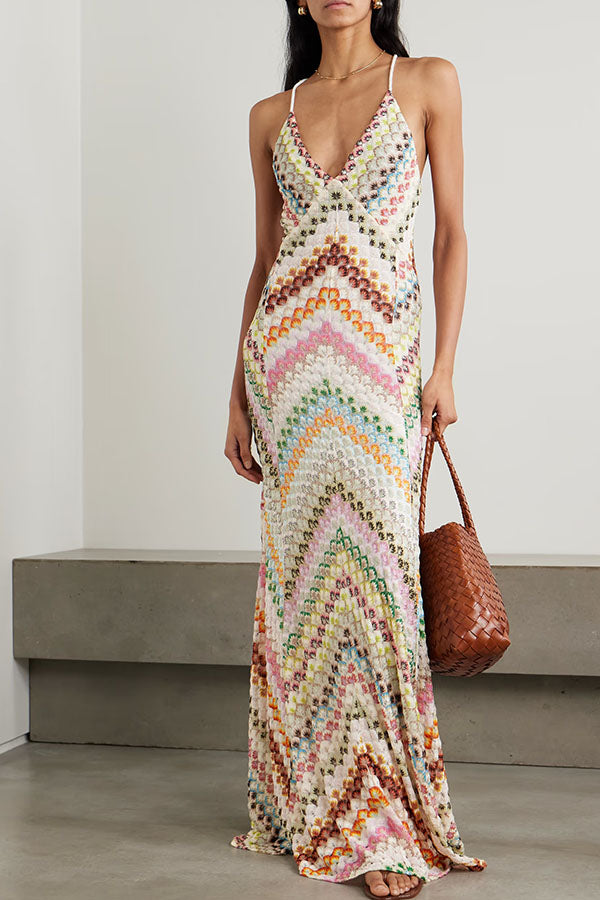 Mira Maxi Dress | Colorful Herringbone Knit, Ankle-Length V-Neck Summer Dress 0