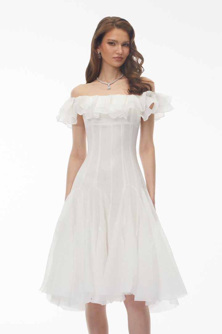 Mira Off Shoulder Dress | Ruched Chiffon Midi, Perfect for Weddings and Summer Events 0