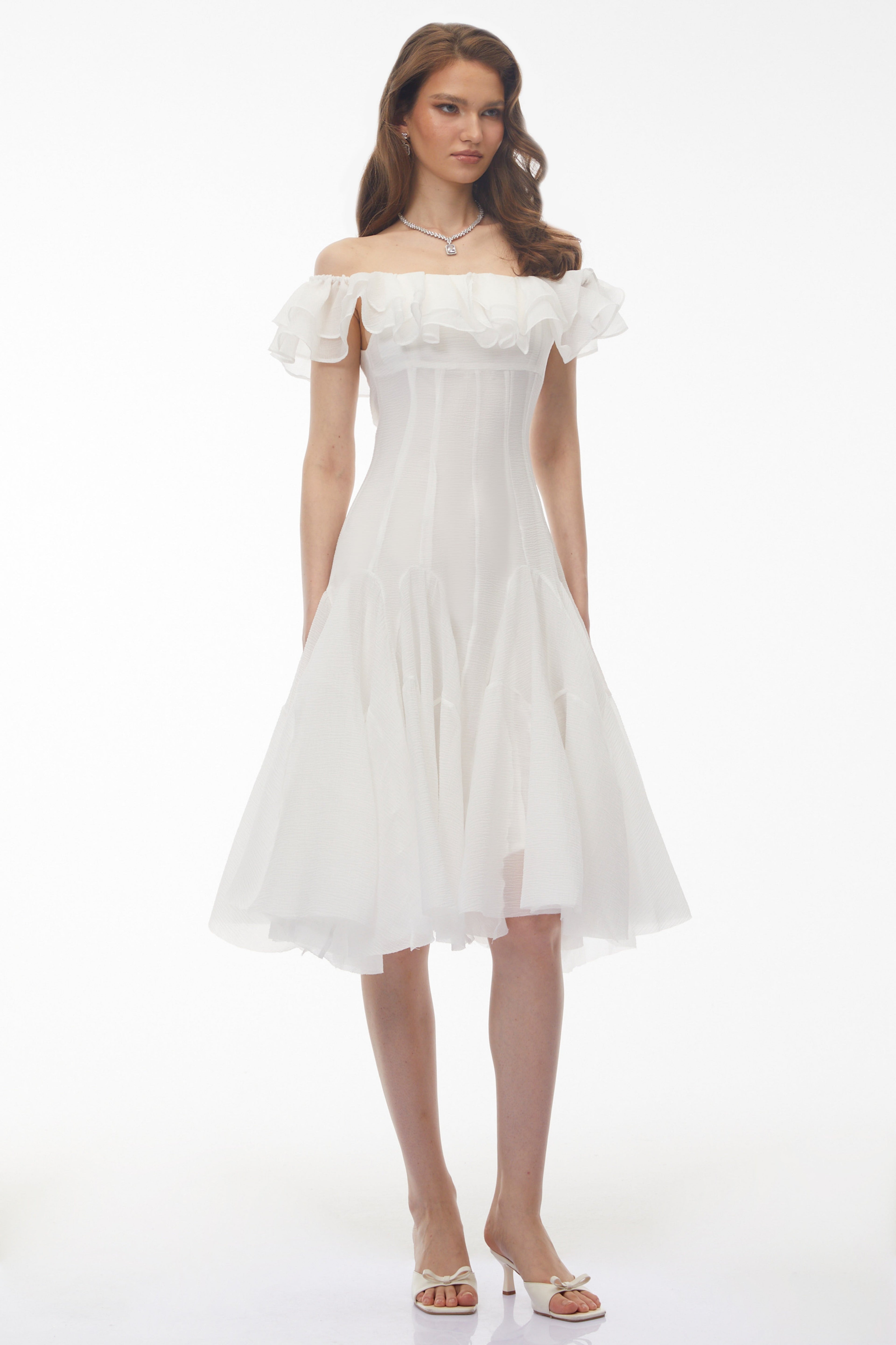 Mira Off Shoulder Dress | Ruched Chiffon Midi, Perfect for Weddings and Summer Events 1