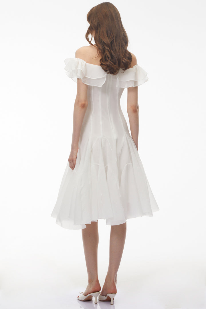 Mira Off Shoulder Dress | Ruched Chiffon Midi, Perfect for Weddings and Summer Events 2