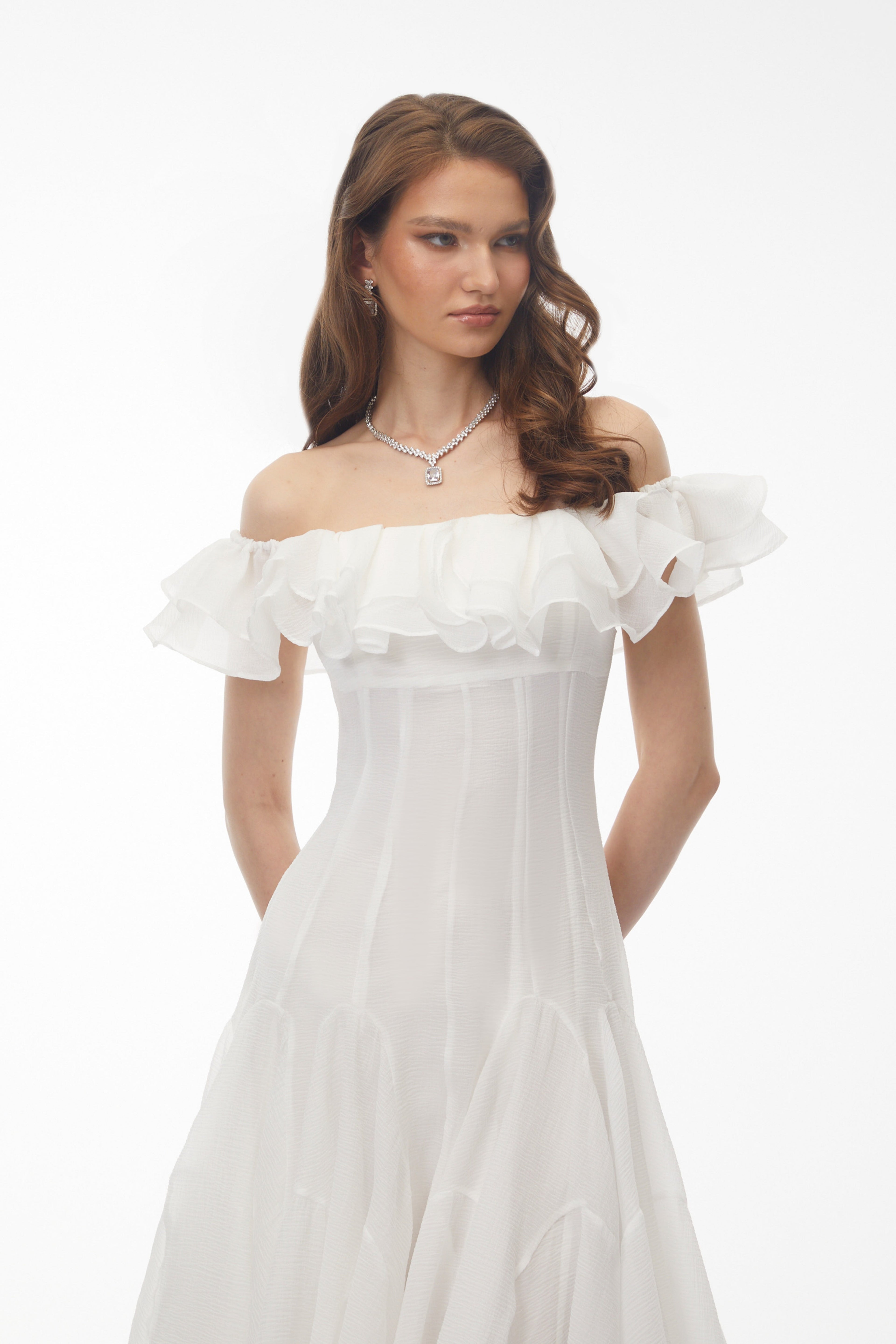 Mira Off Shoulder Dress | Ruched Chiffon Midi, Perfect for Weddings and Summer Events 3