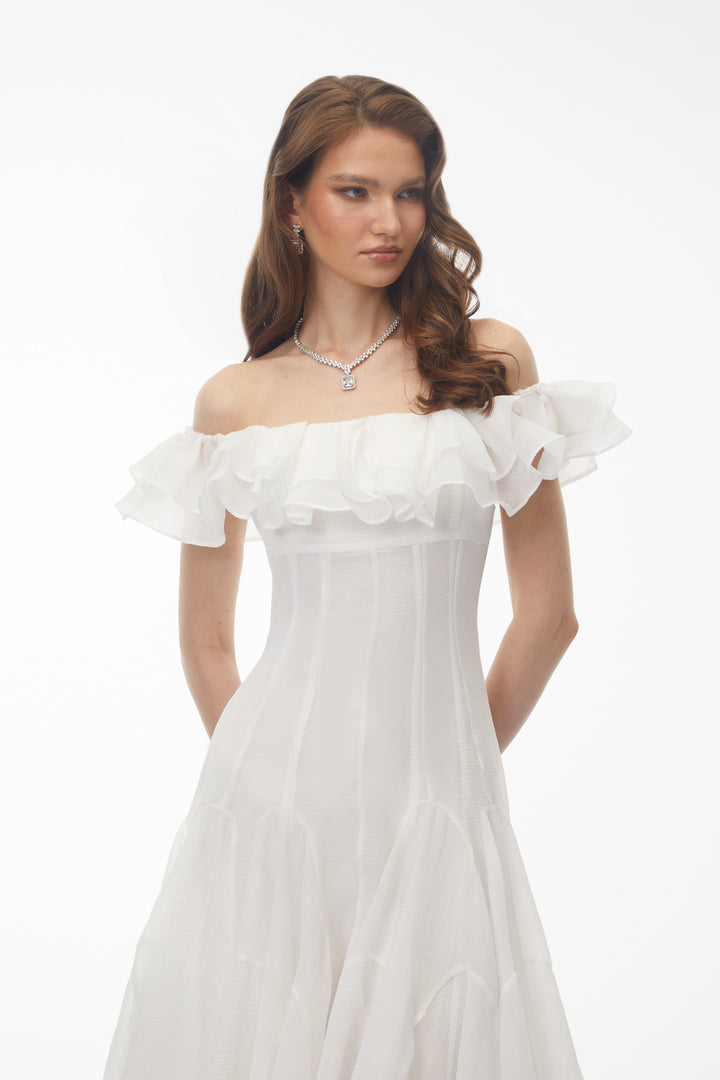 Mira Off Shoulder Dress | Ruched Chiffon Midi, Perfect for Weddings and Summer Events 3