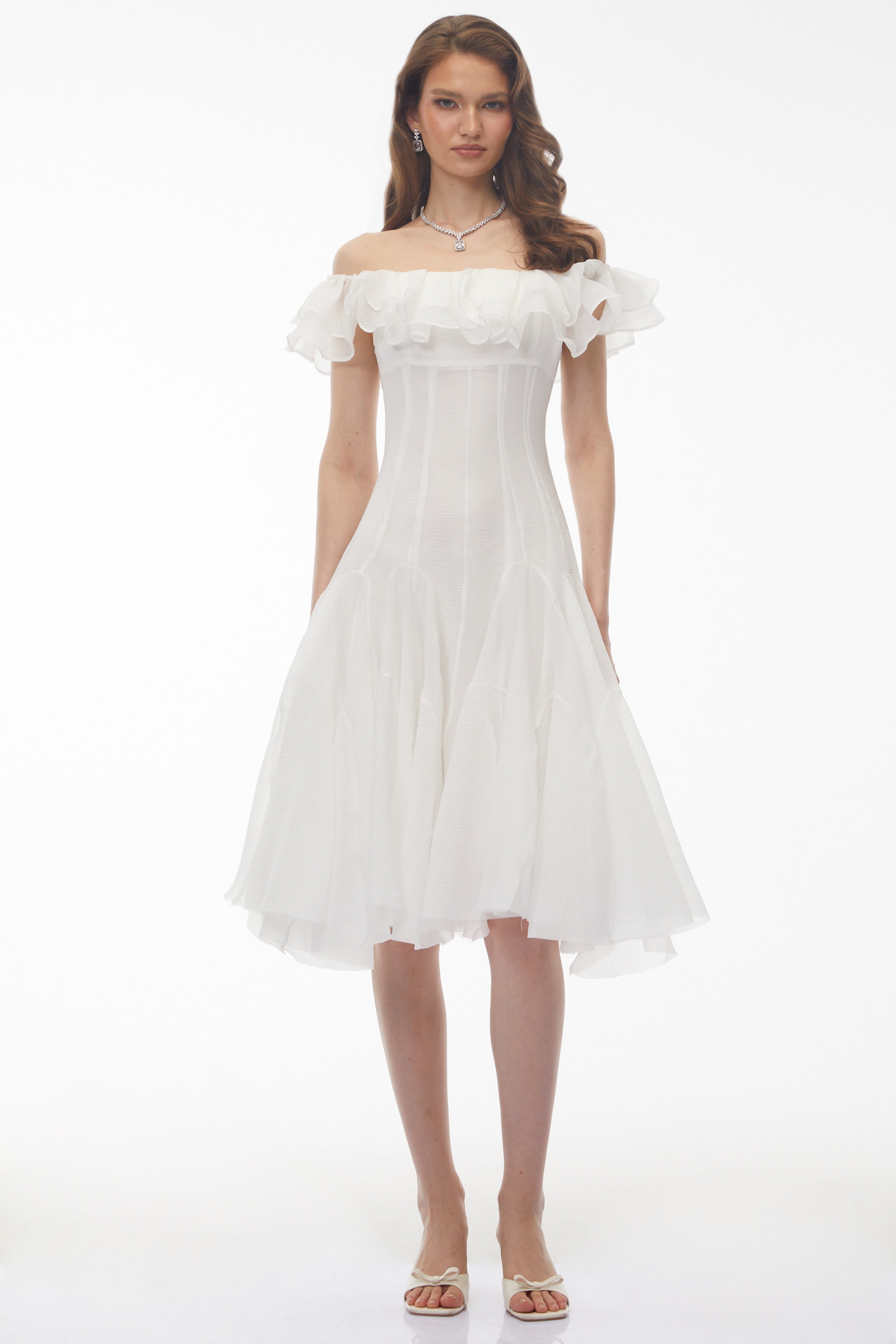 Mira Off Shoulder Dress | Ruched Chiffon Midi, Perfect for Weddings and Summer Events 4