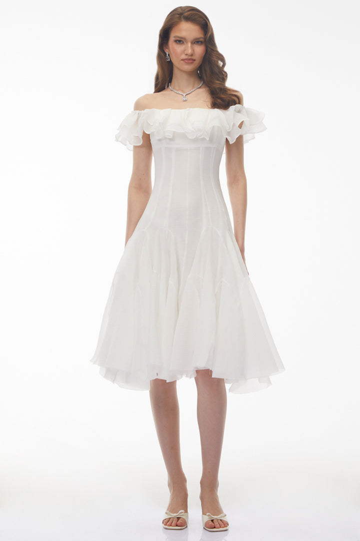 Mira Off Shoulder Dress | Ruched Chiffon Midi, Perfect for Weddings and Summer Events 4
