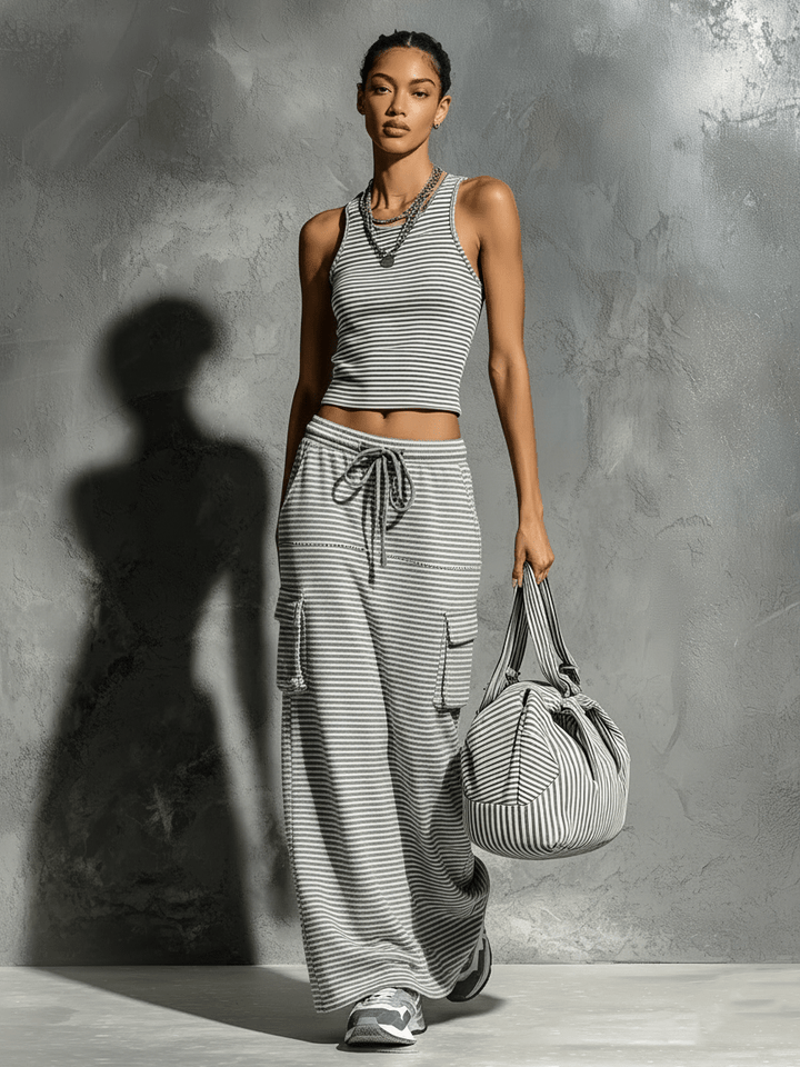 Mira Women's Set | Cotton Blend Loungewear, Striped Tank Top & Drawstring Skirt 3