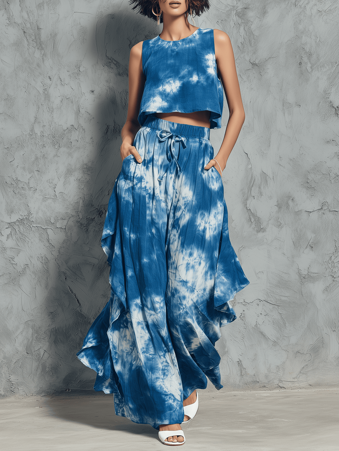 Mira Women's Set | Tie-Dye Loungewear, Sleeveless Blouse & Ruffled Wide-Leg Pants 0