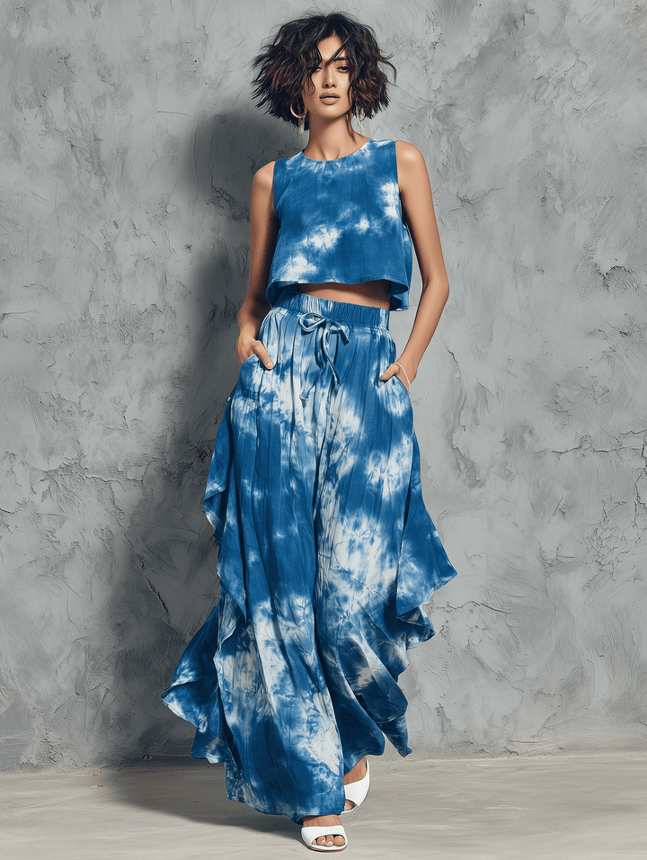 Mira Women's Set | Tie-Dye Loungewear, Sleeveless Blouse & Ruffled Wide-Leg Pants 3