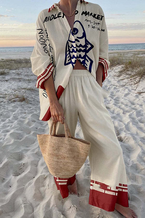 Rounelle Linen Set featuring a lightweight, relaxed fit and a charming blue fish print, perfect for casual summer wear. - 1