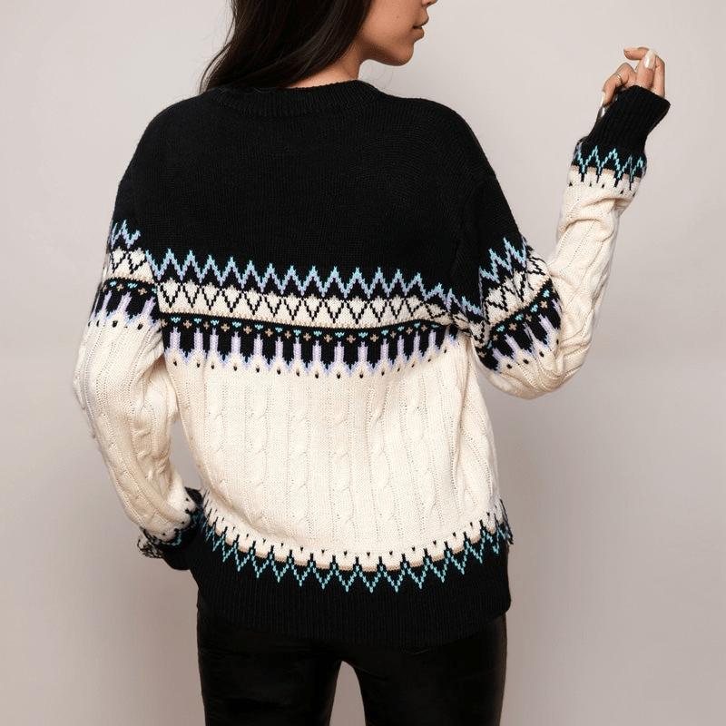 Nora Knit Sweater featuring a cozy Fair Isle pattern and intricate cable-knit design, perfect for stylish winter layering. - 2