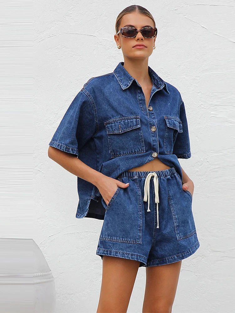 Olivia Women's Set | Organic Cotton Blend, Button-Down Top & Drawstring Shorts 8