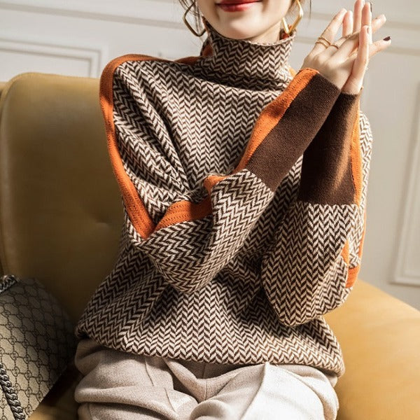 Women's Striped Turtleneck Pullover, High Collar, Orange or Green