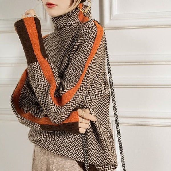 Women's Striped Turtleneck Pullover, High Collar, Orange or Green