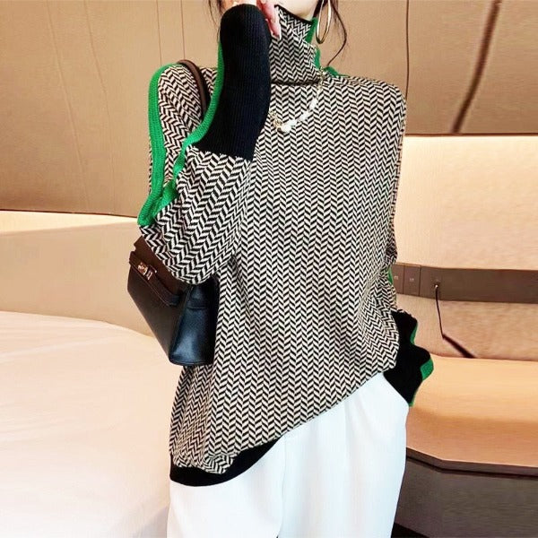 Women's Striped Turtleneck Pullover, High Collar, Orange or Green