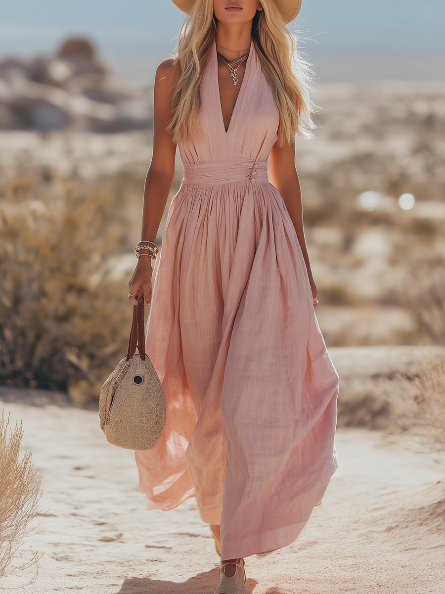 Phaedra Maxi Dress | Boho Cotton-Linen Halter Long Dress for Women 0