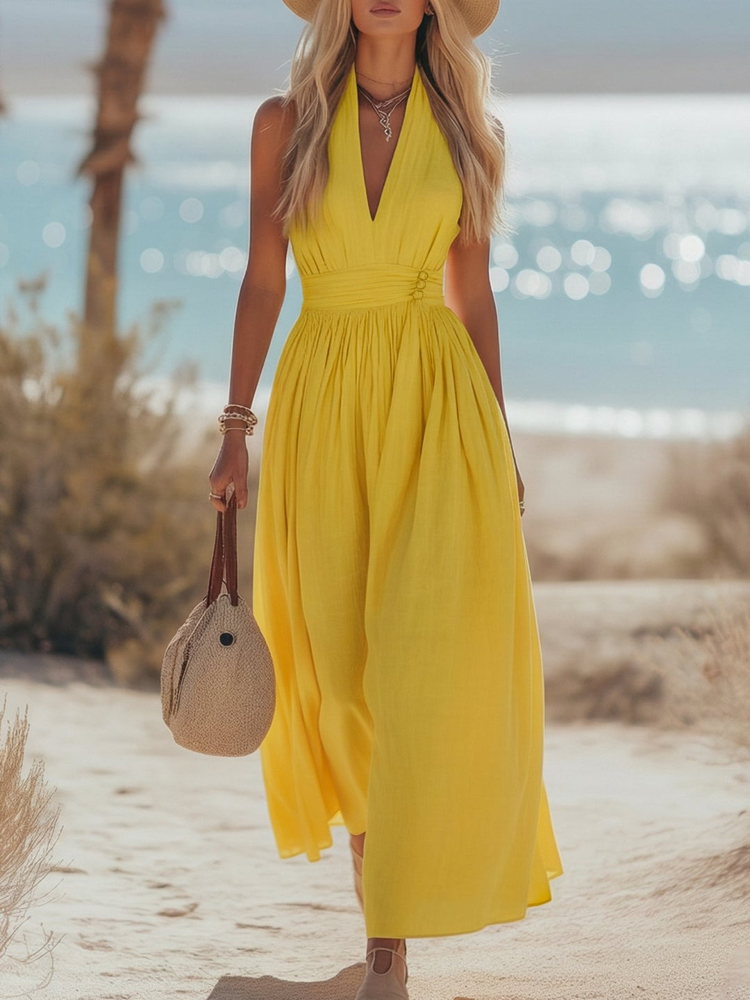 Phaedra Maxi Dress | Boho Cotton-Linen Halter Long Dress for Women 1