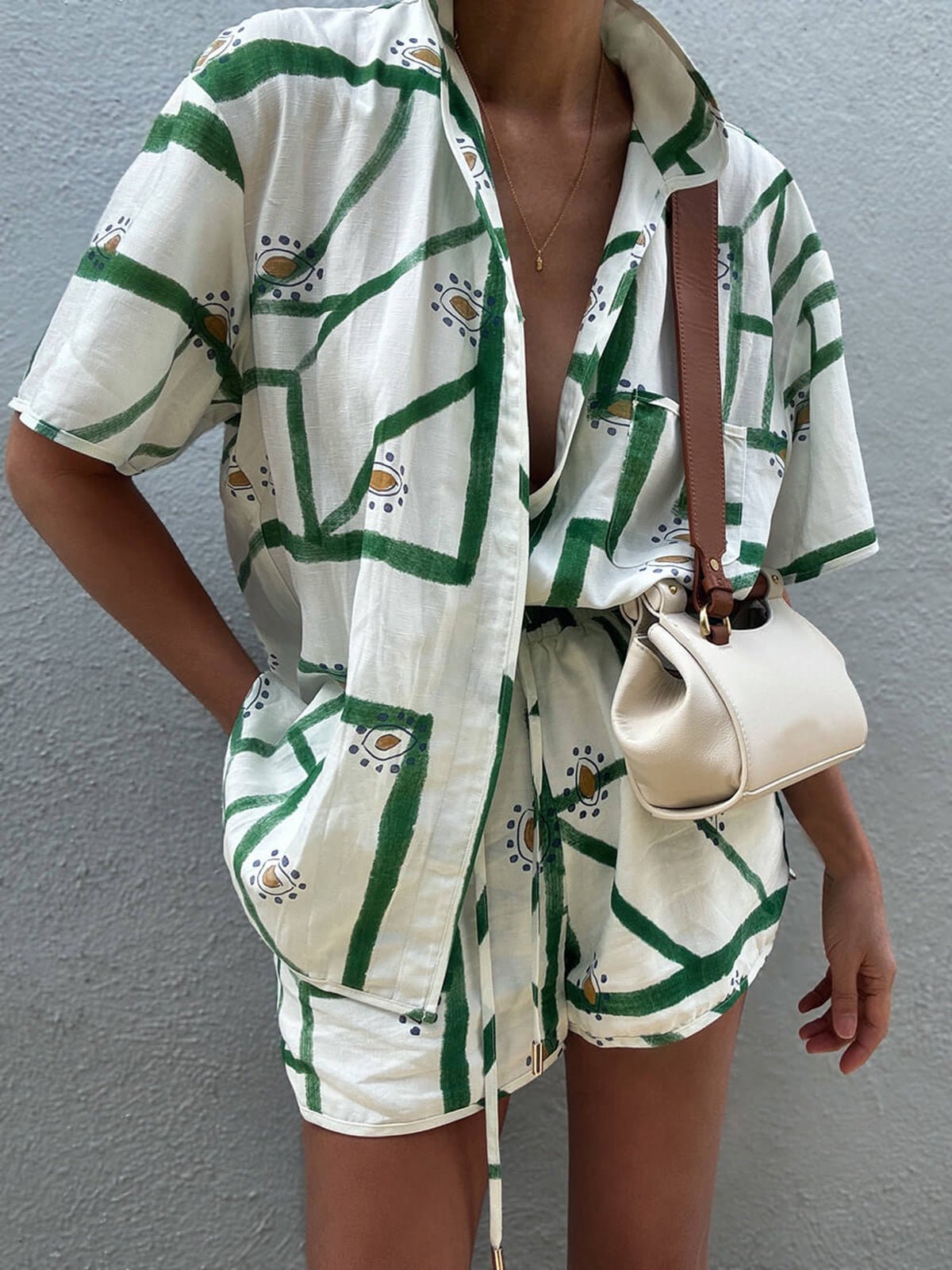 Pine Drawstring Shorts Set | Linen Blend, Casual Print 3