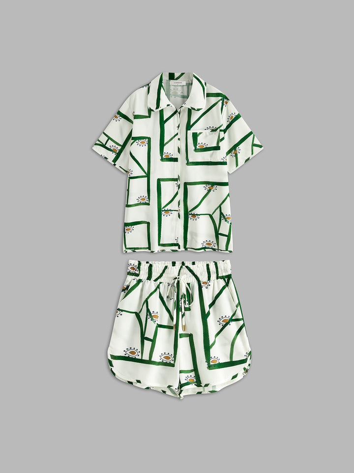 Pine Drawstring Shorts Set | Linen Blend, Casual Print 4