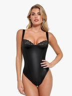 Pulse Black Bodysuit | Faux Leather, Lace Accents, Built-in Shapewear 0