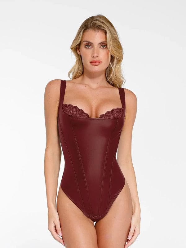 Pulse Black Bodysuit | Faux Leather, Lace Accents, Built-in Shapewear 12