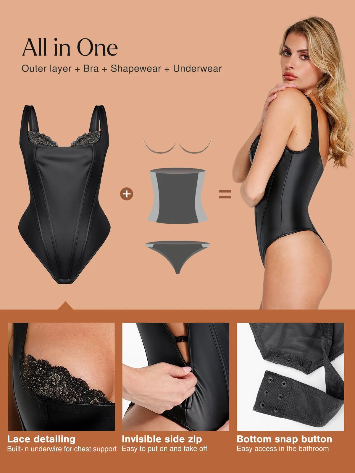 Pulse Black Bodysuit | Faux Leather, Lace Accents, Built-in Shapewear 3