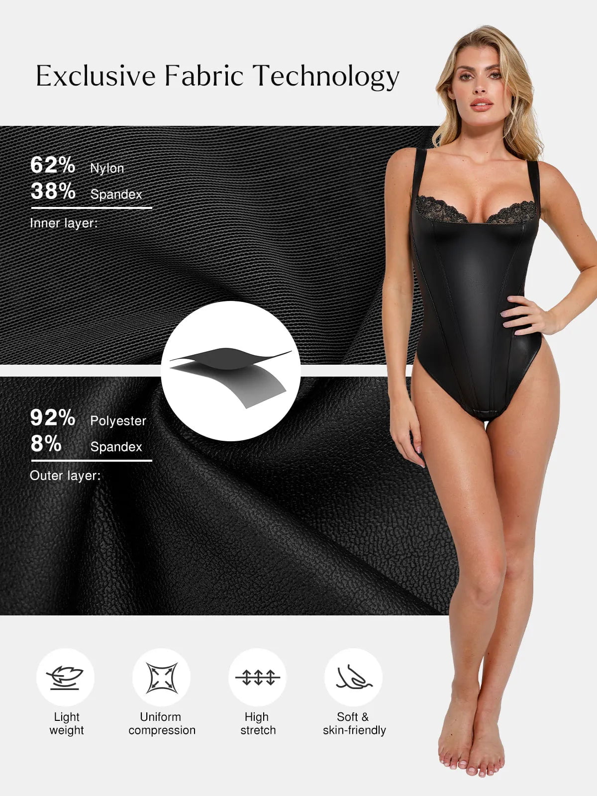 Pulse Black Bodysuit | Faux Leather, Lace Accents, Built-in Shapewear 4